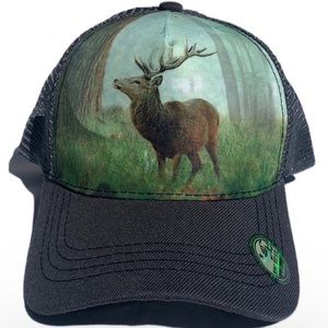 Big Bear OS grey and green wild forest deer elk design trucker snap back hat